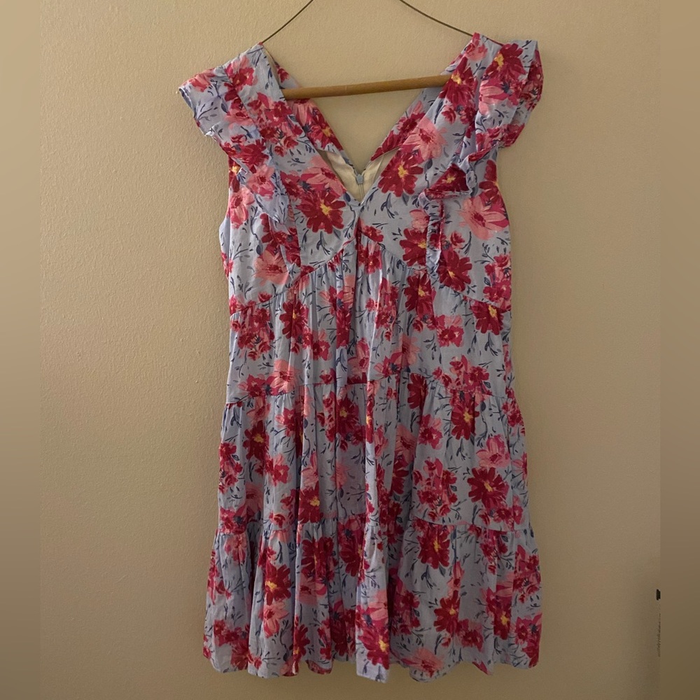 Blue V neck dress with pink and red floral pattern size s brand lush
